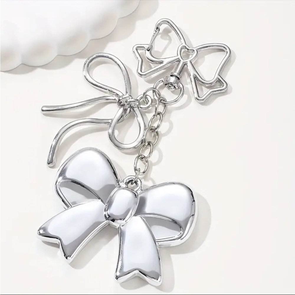 Silver Bow Dangle Earrings Double Ribbon Statement Coquette Chic NWT - Picture 2 of 3